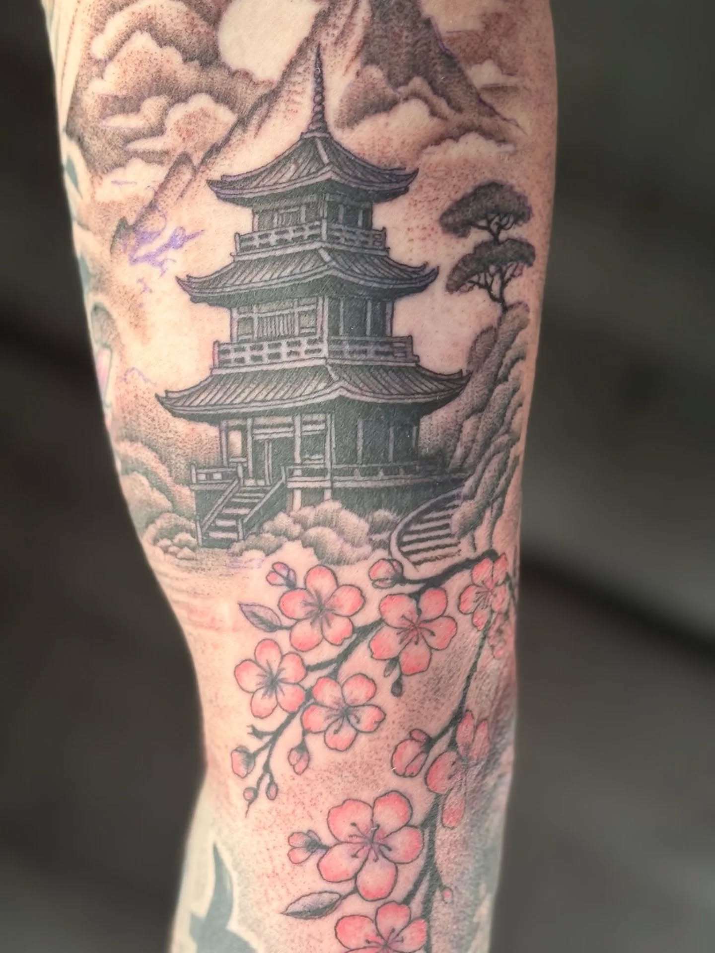 Japanese temple and blossom tattoo